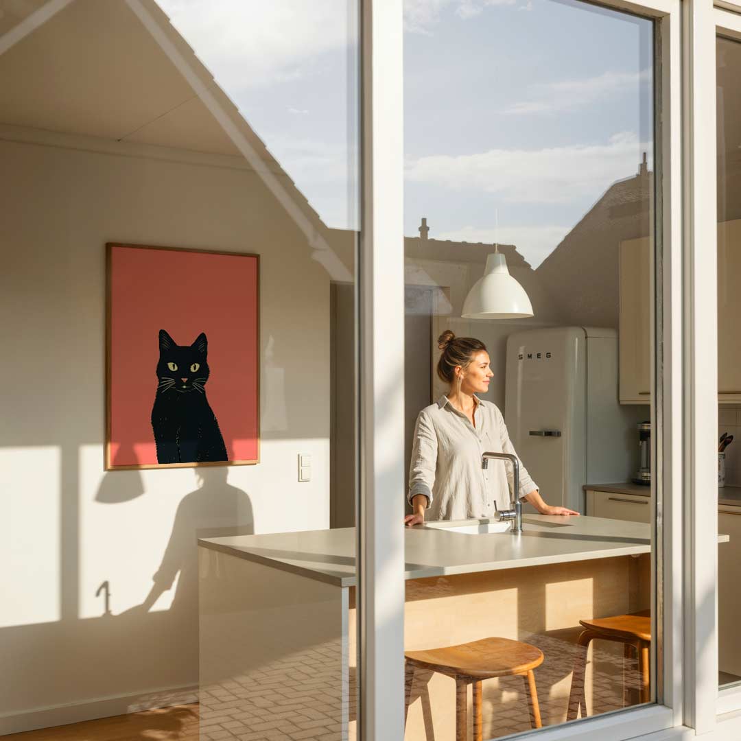 Schattige Kat op Roze Achtergrond Poster-WallArtistic