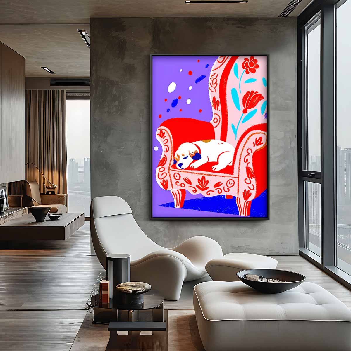 Slapende Hond op Rood Stoel Kunstwerk-canvas-dibond-plexiglas-wanddecoratie-WallArtistic