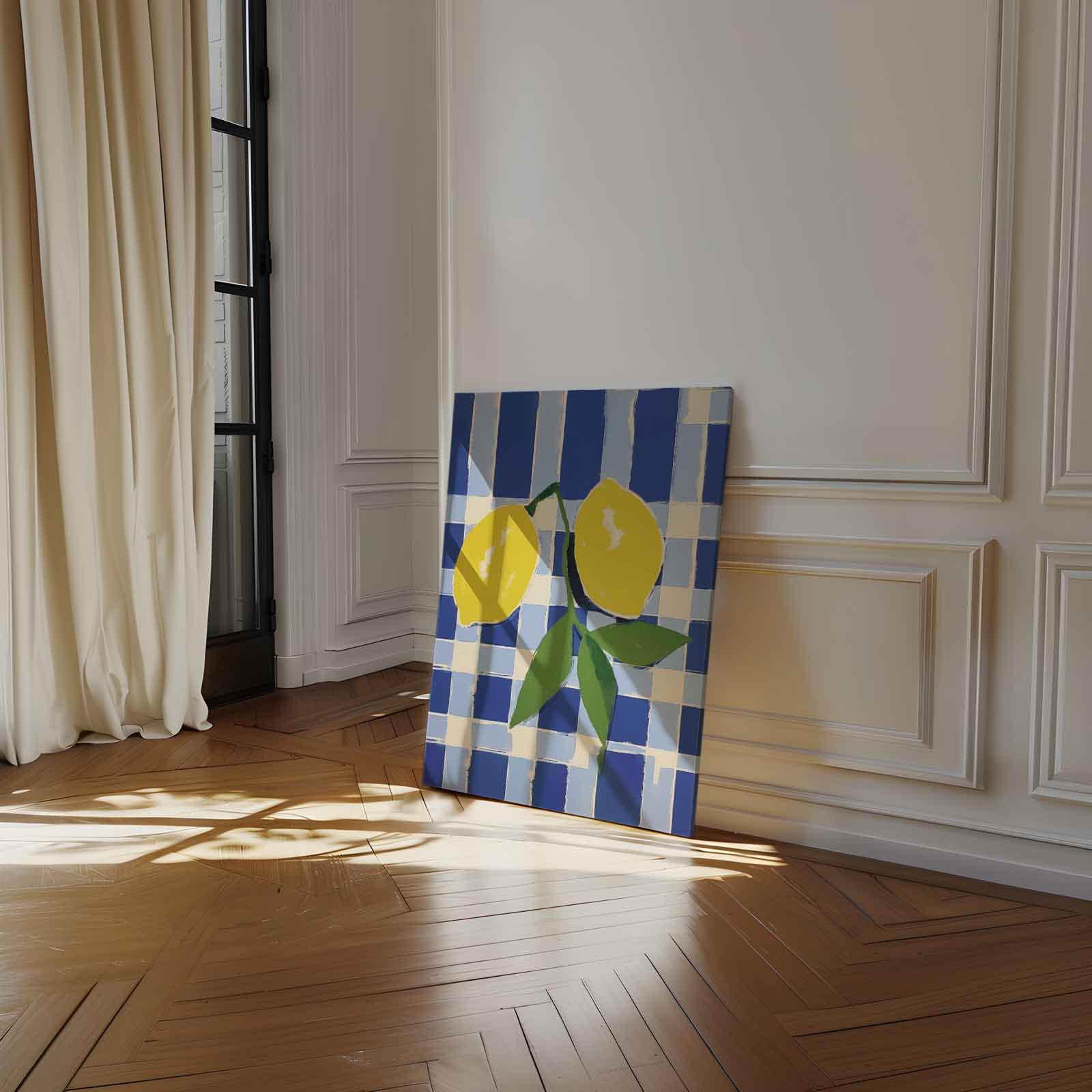 Zonnige Citroenen op Blauwe Schachtdoeken Kunstwerk-canvas-dibond-plexiglas-wanddecoratie-WallArtistic