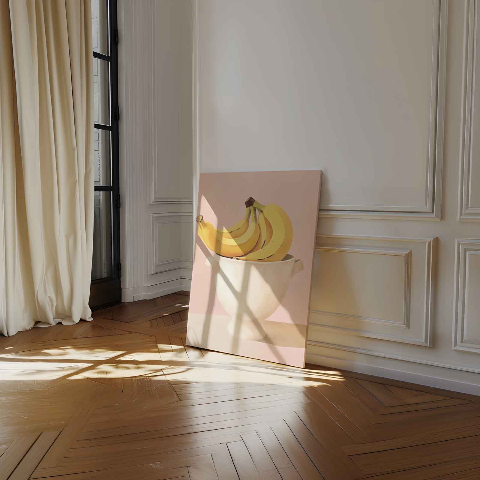 Bananen in een Witte Kom op Roze Achtergrond Kunstwerk-canvas-dibond-plexiglas-wanddecoratie-WallArtistic