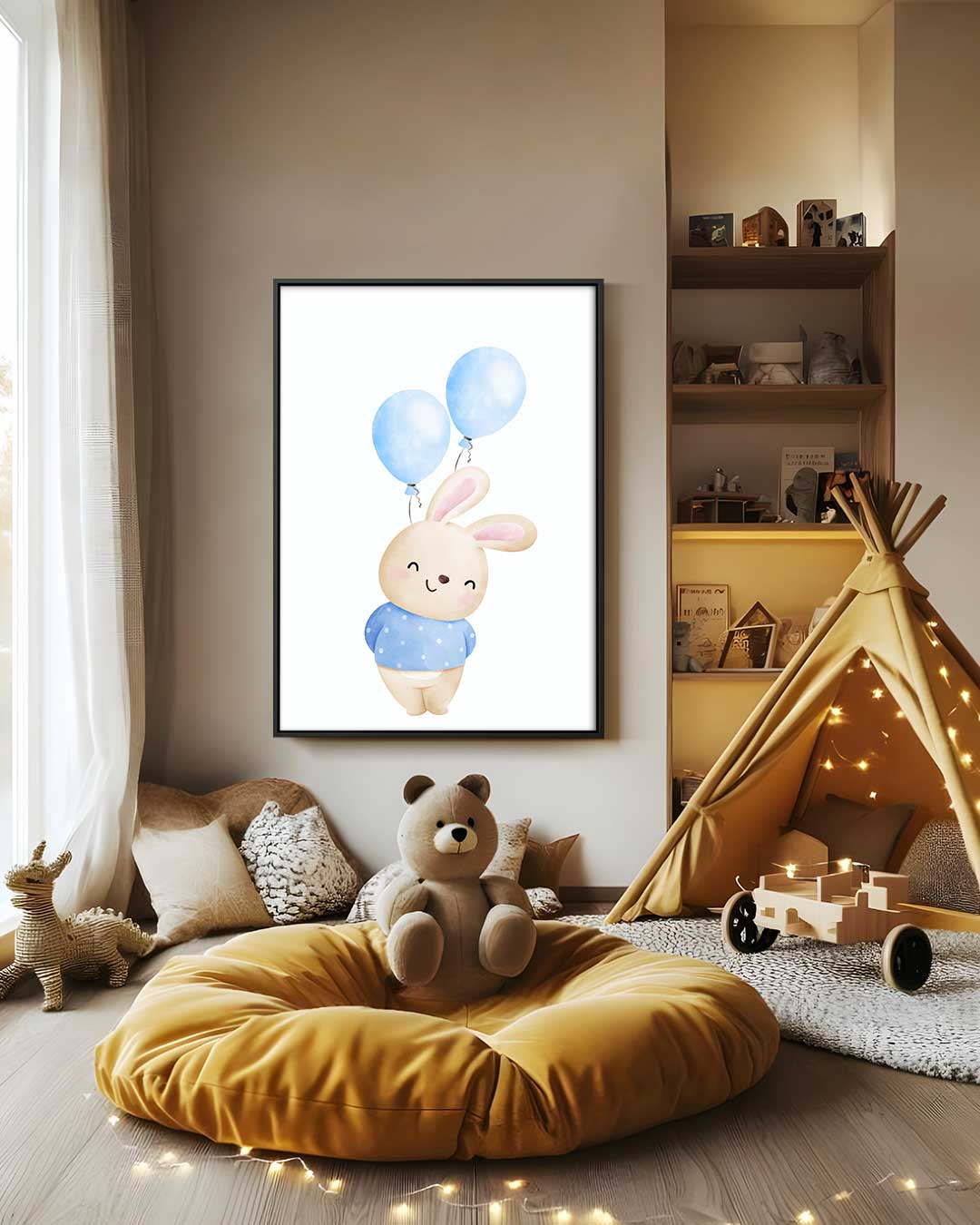 Vrolijk Konijntje met Ballonnen Kunstwerk-canvas-dibond-plexiglas-wanddecoratie-WallArtistic