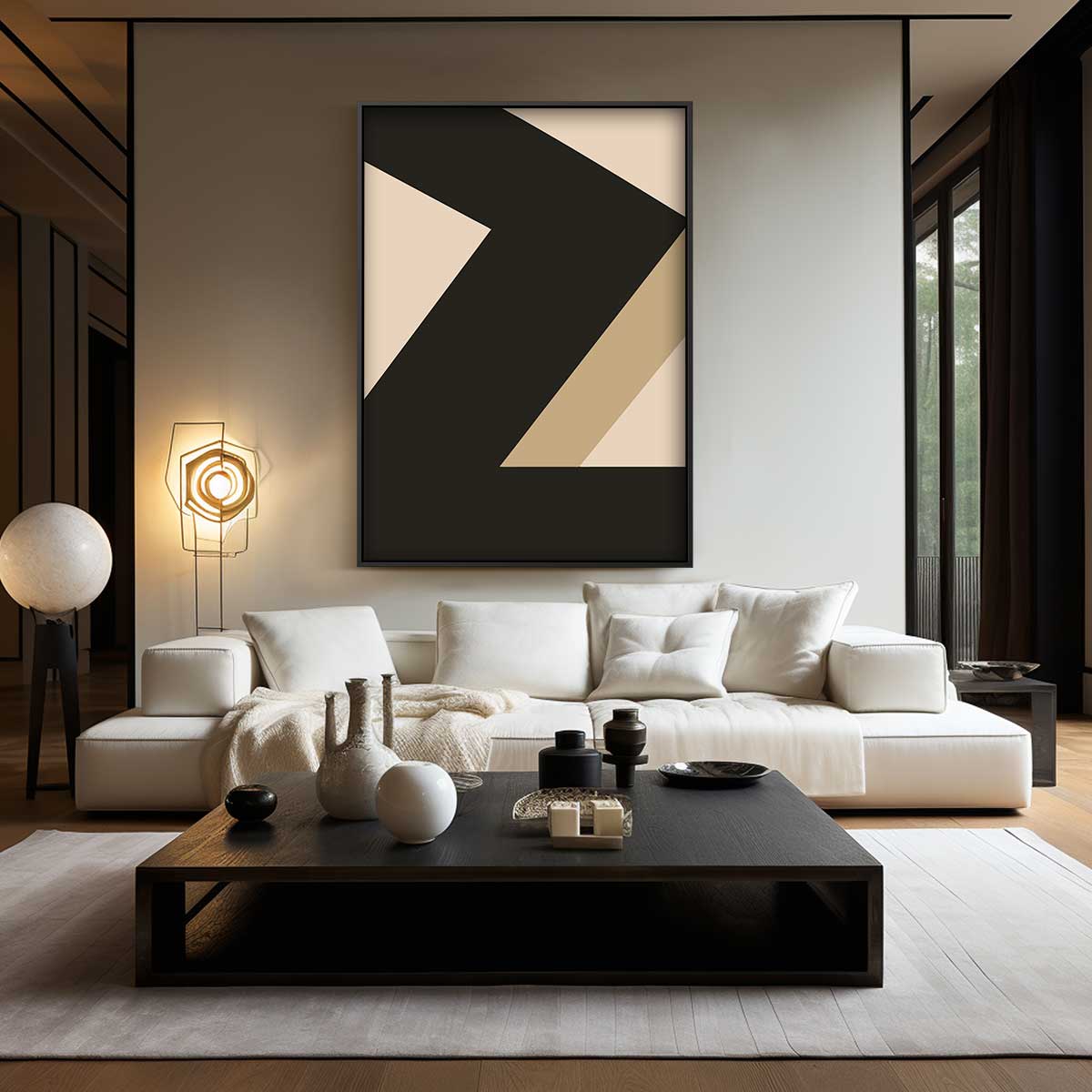 Dynamische Lijnen in Zwart en Beige Kunstwerk-canvas-dibond-plexiglas-wanddecoratie-WallArtistic