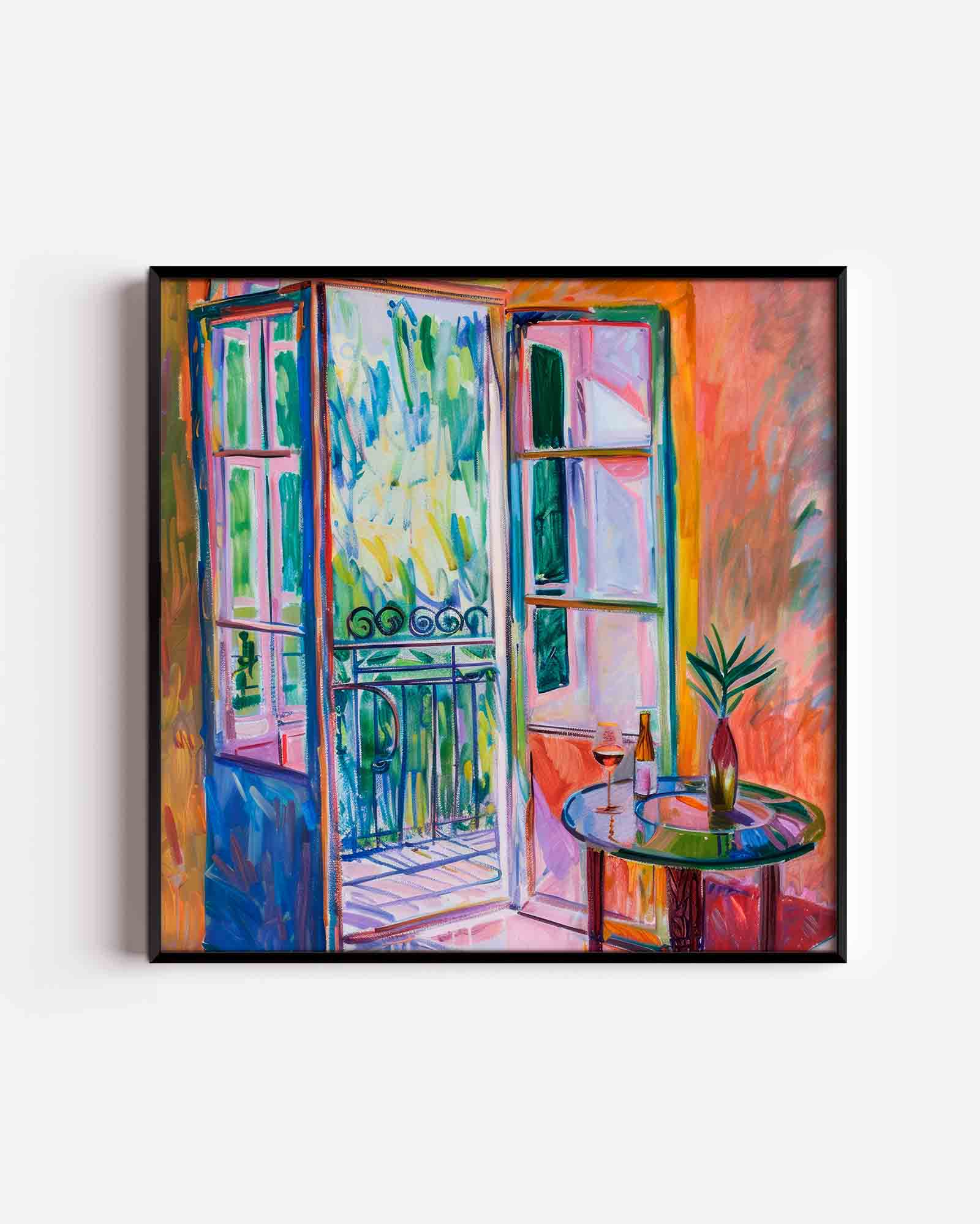 Open balkon met tafel Poster