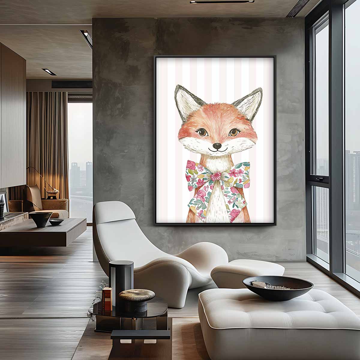 Vrolijke Vos met Strik Kunstwerk-canvas-dibond-plexiglas-wanddecoratie-WallArtistic