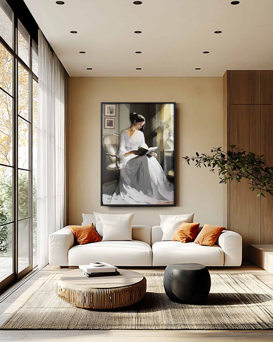 Vrouw Lezend in de Zonnestraal Kunstwerk-canvas-dibond-plexiglas-wanddecoratie-WallArtistic