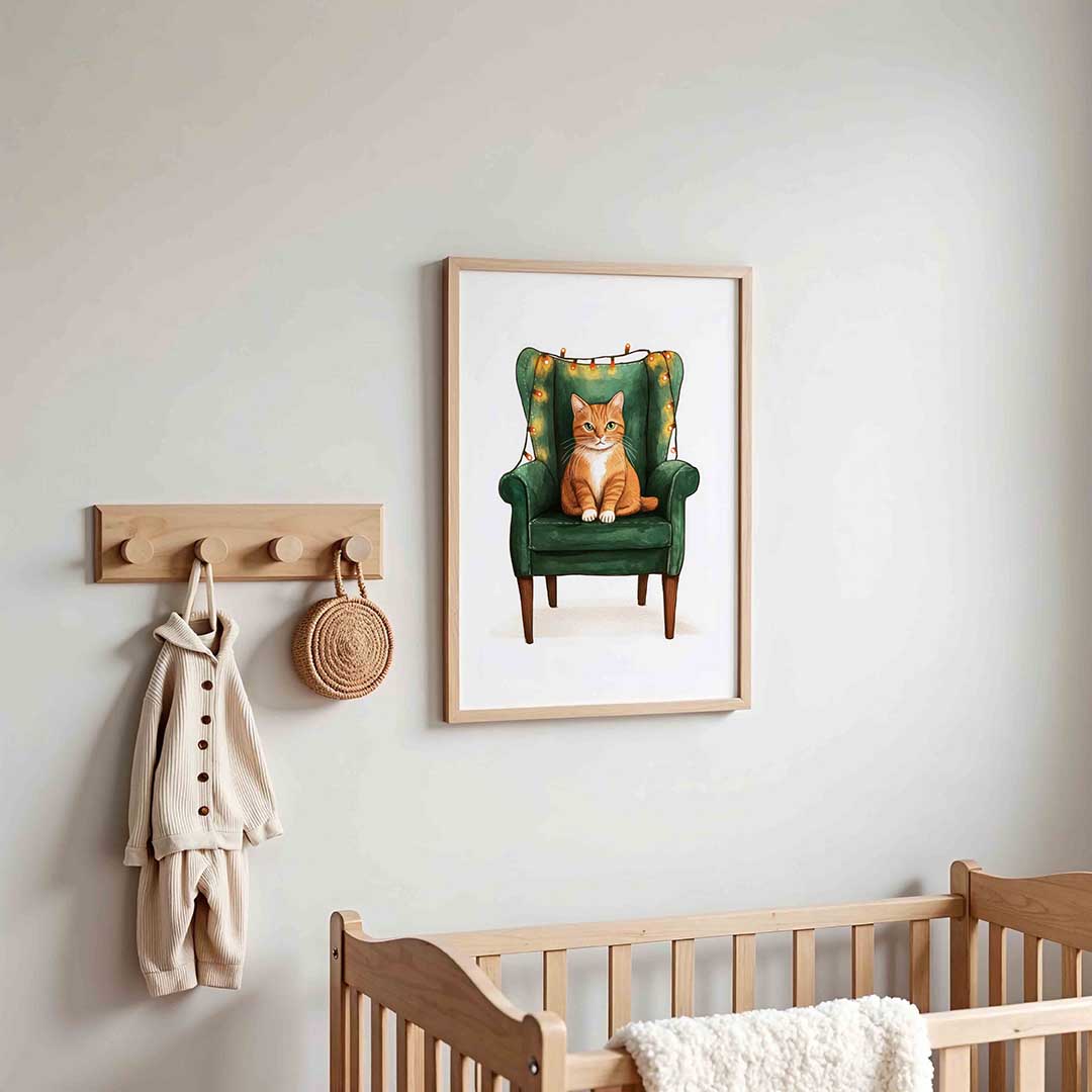 Kat op groene stoel Poster