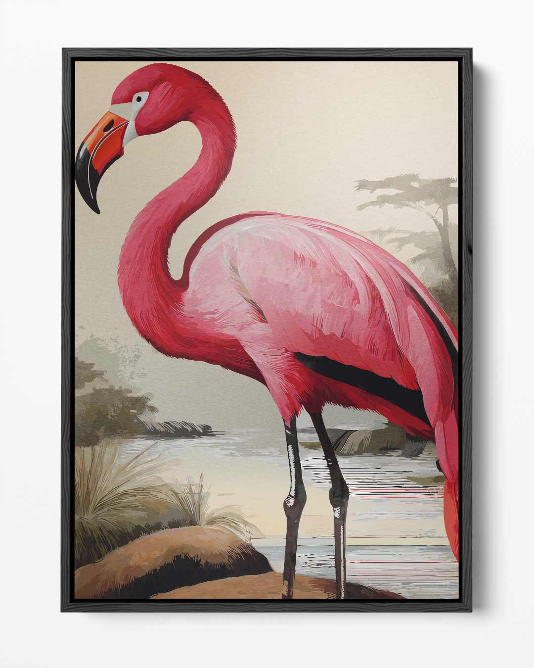 Elegante Flamingo bij Zonsondergang Kunstwerk-canvas-dibond-plexiglas-wanddecoratie-WallArtistic