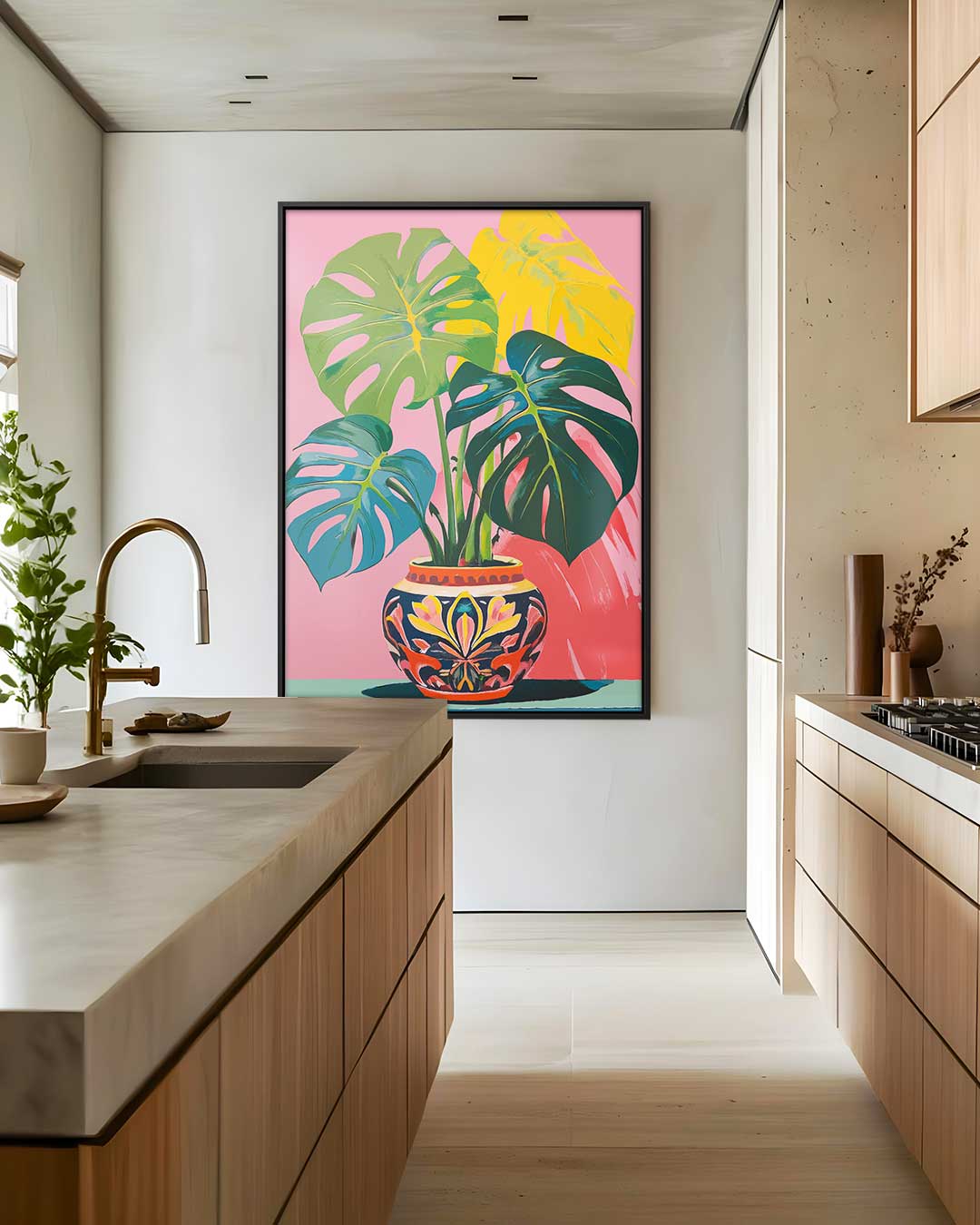 Tropische Monstera in Kleurrijke Pot Kunstwerk-canvas-dibond-plexiglas-wanddecoratie-WallArtistic