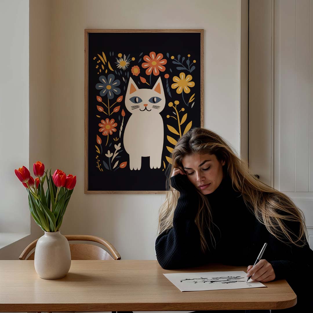 Bloemige Kattenposter-WallArtistic