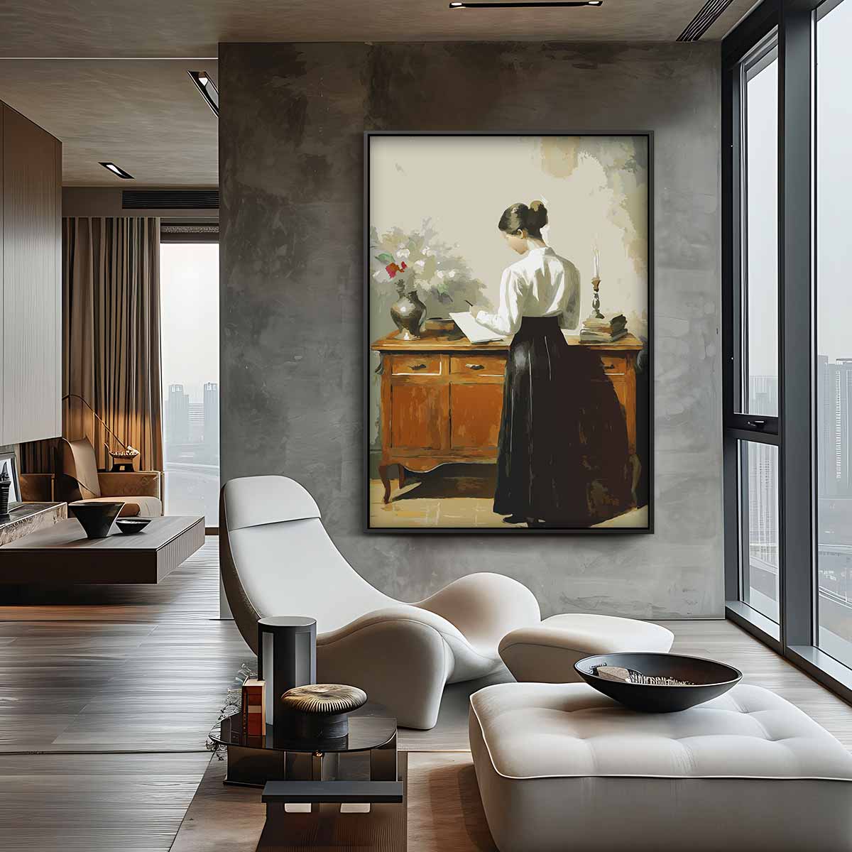 Vrouw Schrijvend aan Het Bureau Kunstwerk-canvas-dibond-plexiglas-wanddecoratie-WallArtistic