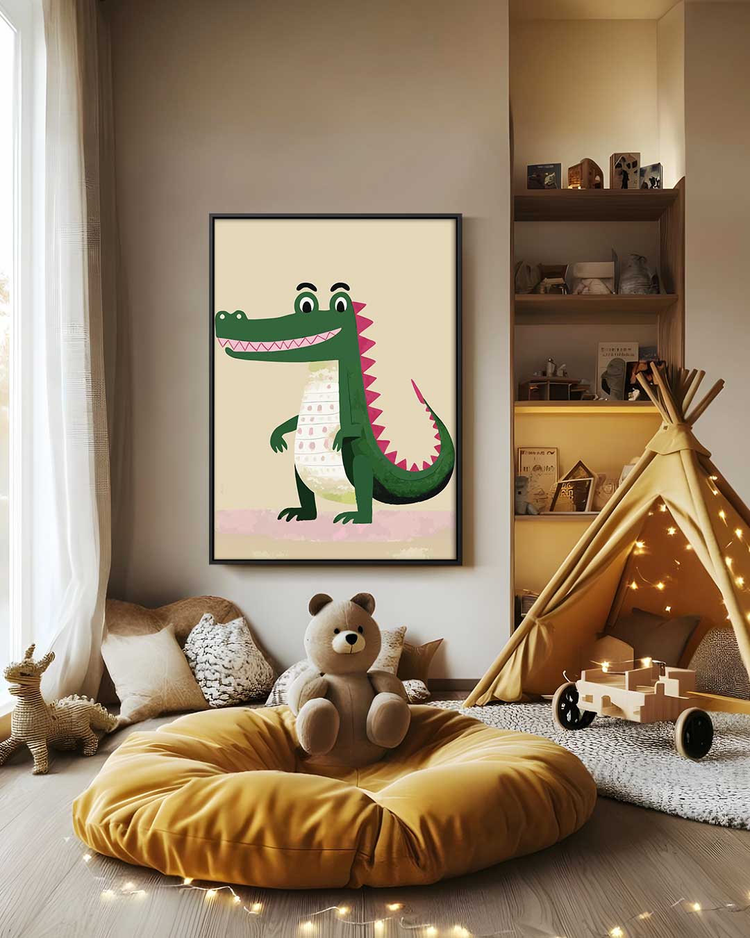 Lachende Krokodil Illustratie Kunstwerk-canvas-dibond-plexiglas-wanddecoratie-WallArtistic