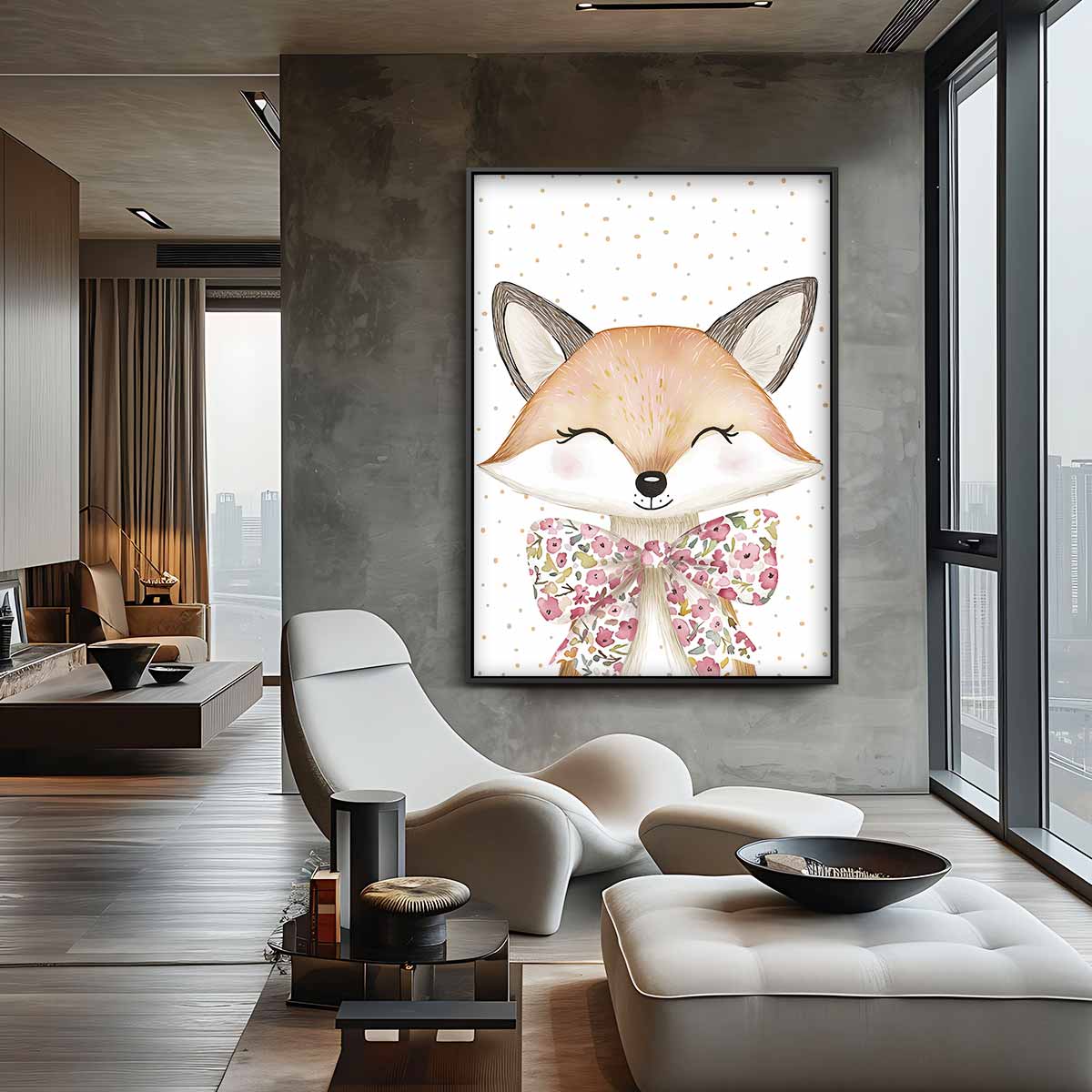 Vrolijke Vos met Bloemenstrik Kunstwerk-canvas-dibond-plexiglas-wanddecoratie-WallArtistic