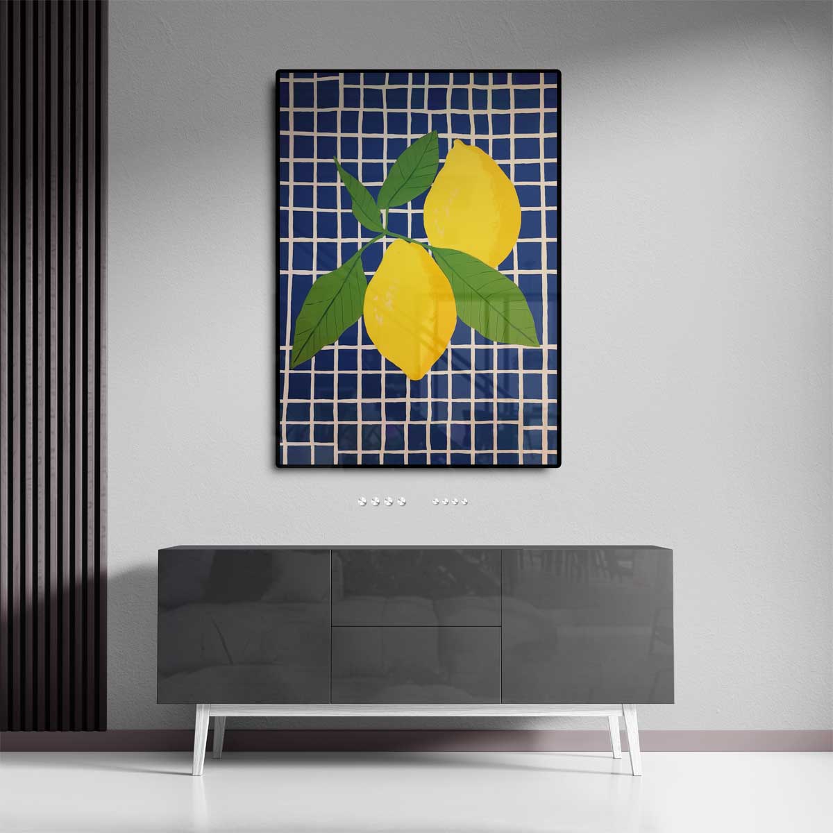Zonnige Citroenen op Blauwe Tegel Kunstwerk-canvas-dibond-plexiglas-wanddecoratie-WallArtistic