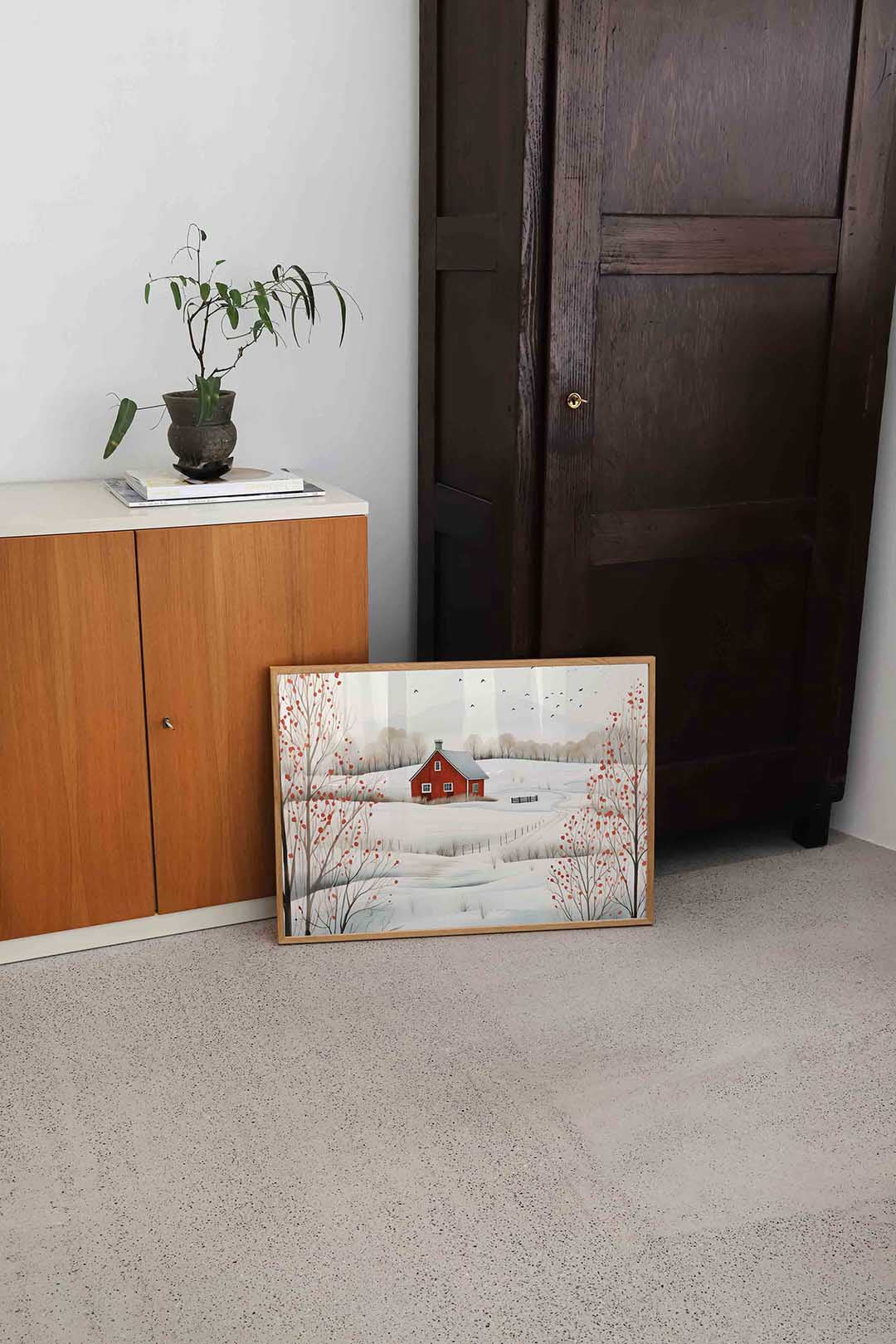 Winterlandschap met rood huis Poster