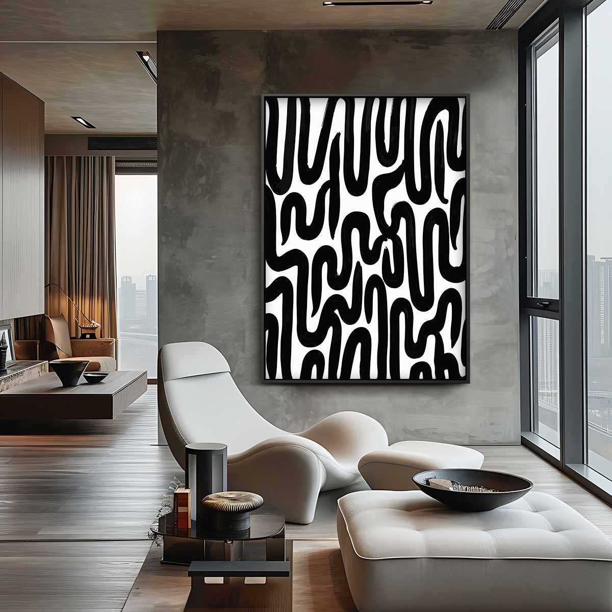 Golvende Zwarte Lijnen op Wit Kunstwerk-canvas-dibond-plexiglas-wanddecoratie-WallArtistic