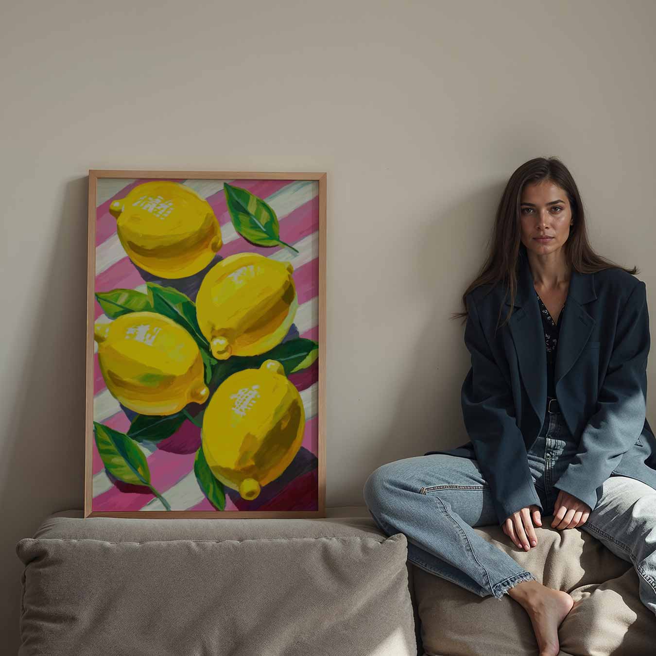 Vrolijke Citroenen op Roze Strepen Poster-WallArtistic