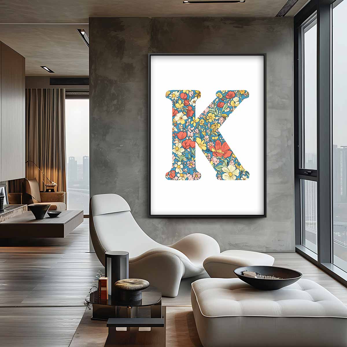 Bloemrijke Letter K Kunstwerk-canvas-dibond-plexiglas-wanddecoratie-WallArtistic