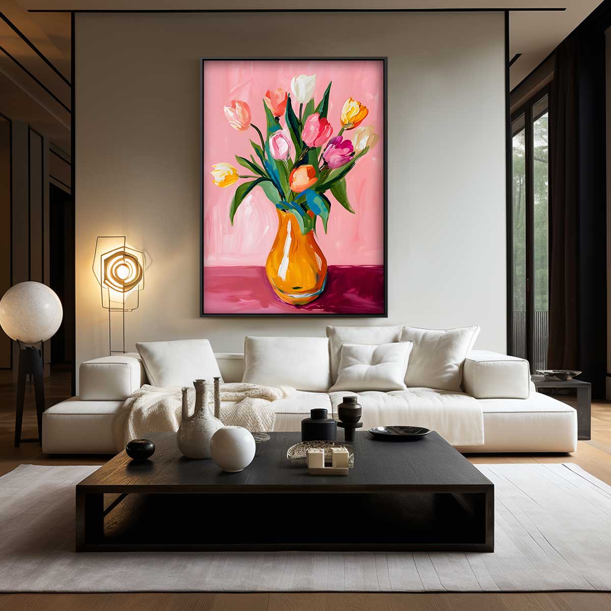 Vrolijk Tulpenboeket op Roze Achtergrond Kunstwerk-canvas-dibond-plexiglas-wanddecoratie-WallArtistic