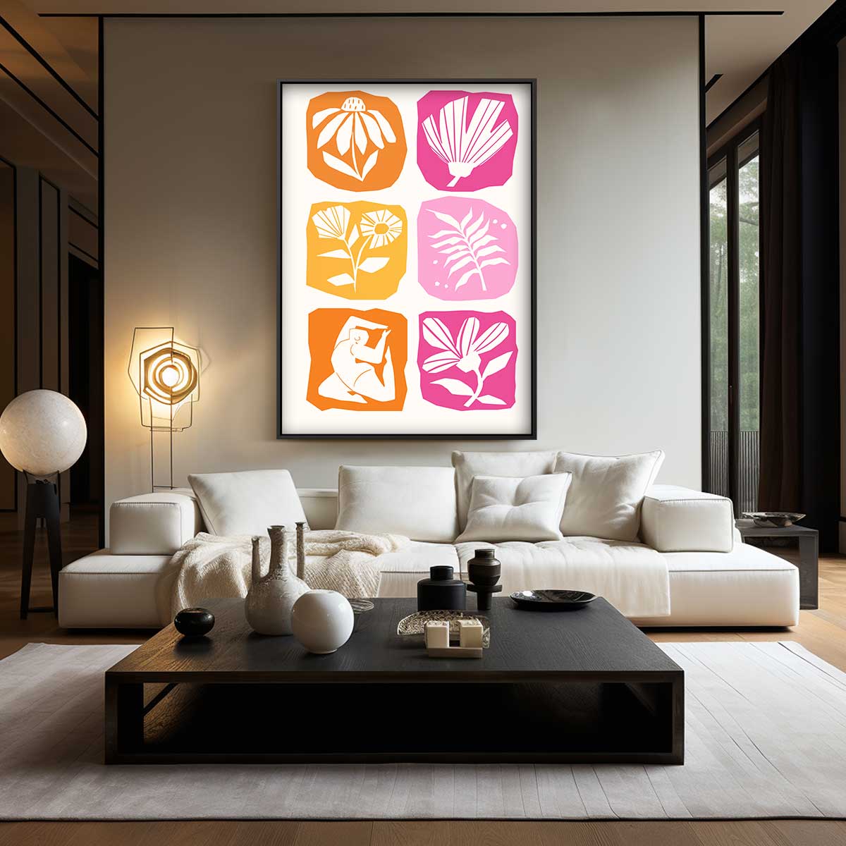 Vrolijke Bloemen en Figuren Kunstwerk-canvas-dibond-plexiglas-wanddecoratie-WallArtistic