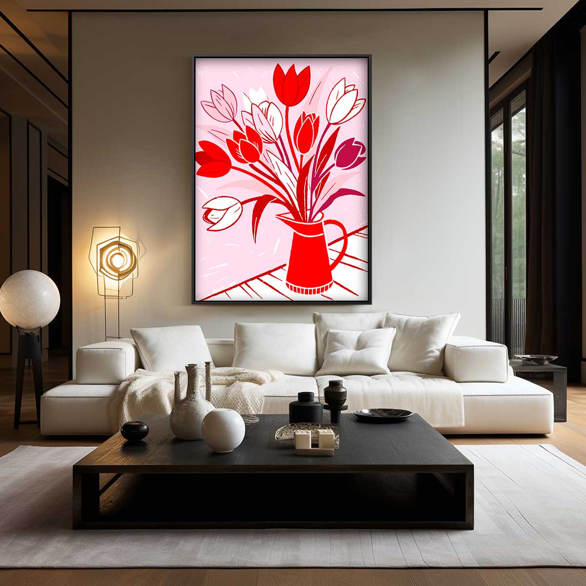 Bloeiende Tulpen in Rode Vaas Kunstwerk-canvas-dibond-plexiglas-wanddecoratie-WallArtistic
