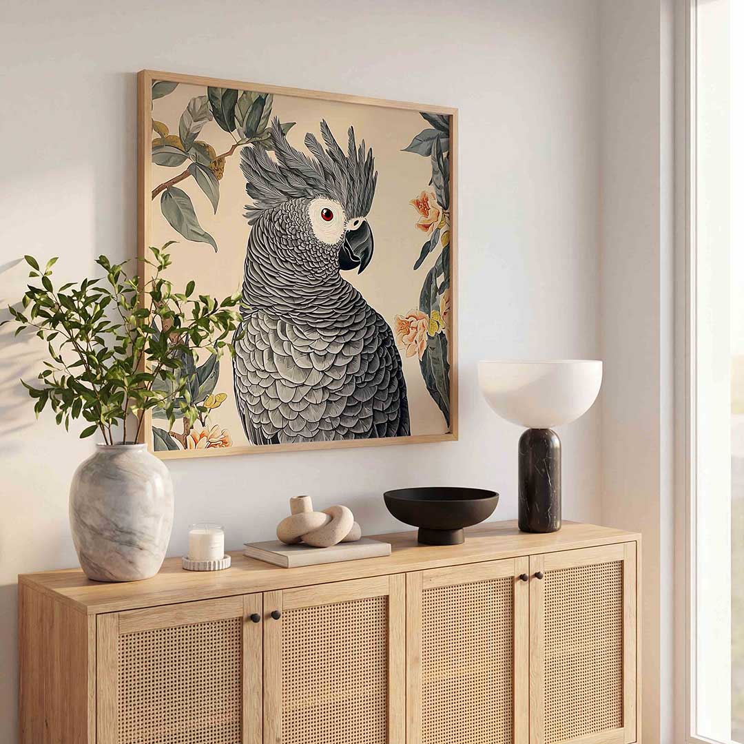 Grijze papegaai met bloemen Poster