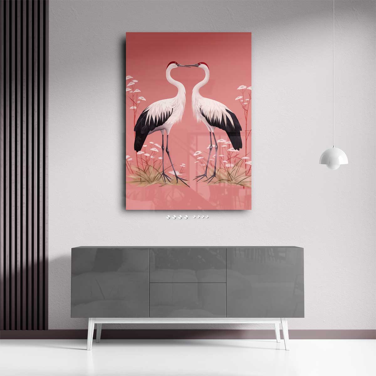 Romantische Kraanvogels op Rosa Achtergrond Kunstwerk-canvas-dibond-plexiglas-wanddecoratie-WallArtistic