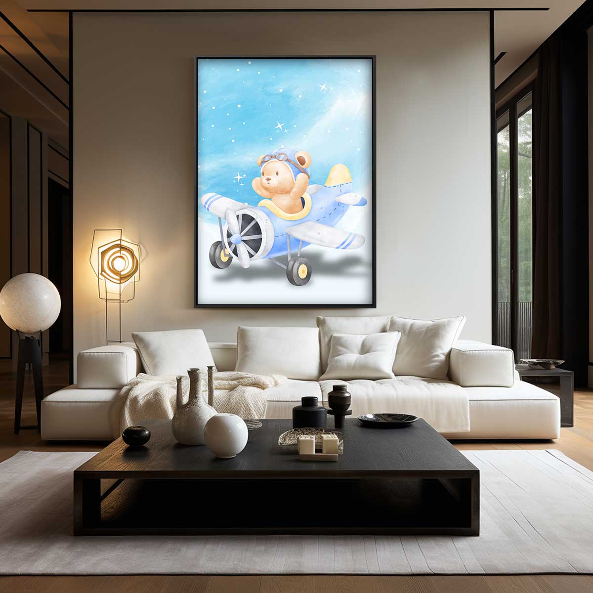 Dromende Teddy in Vliegtuig Kunstwerk-canvas-dibond-plexiglas-wanddecoratie-WallArtistic
