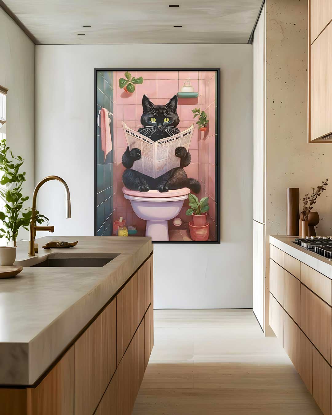 Kat Met Krant in de Badkamer Kunstwerk-canvas-dibond-plexiglas-wanddecoratie-WallArtistic