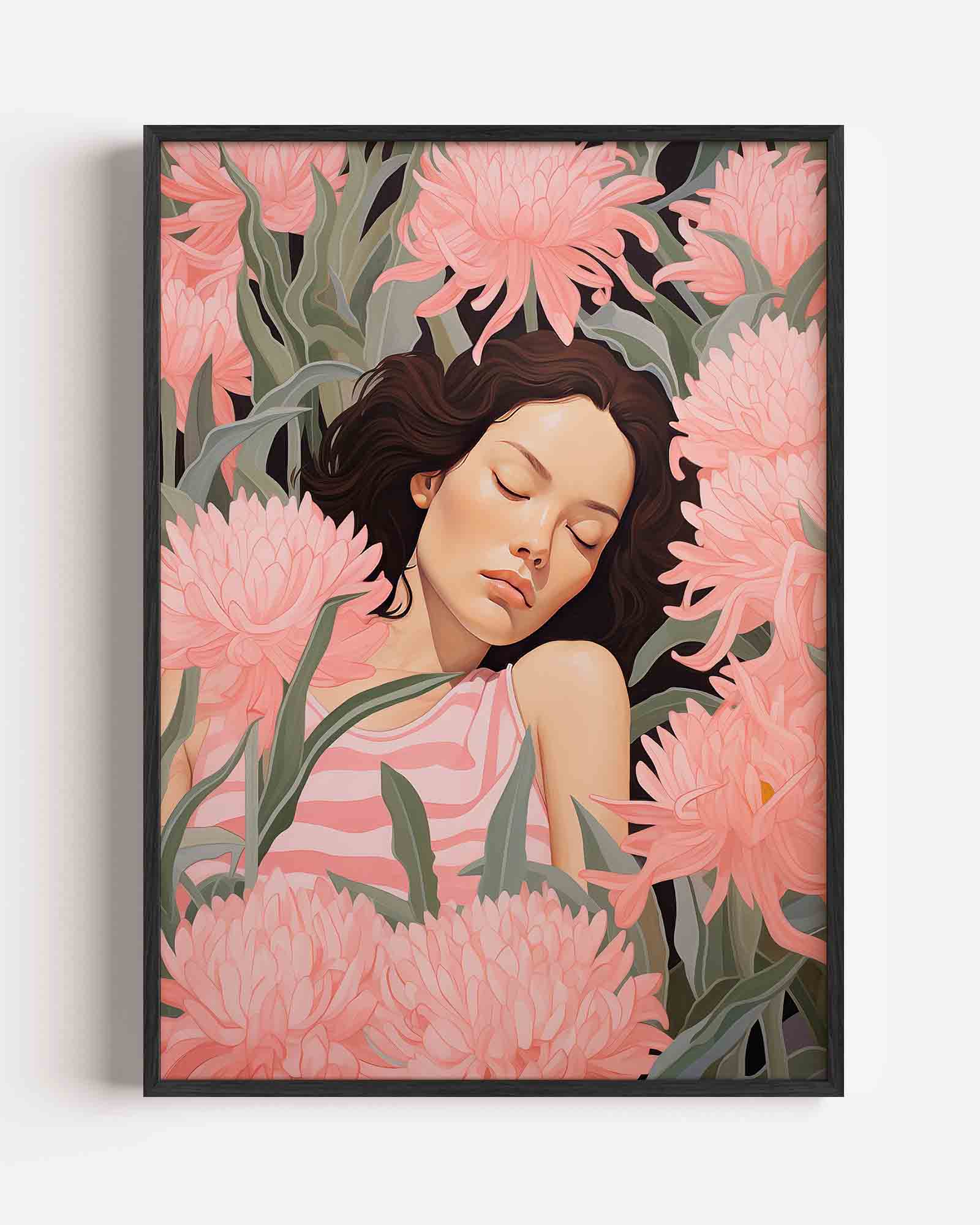 Slapende vrouw tussen bloemen Poster