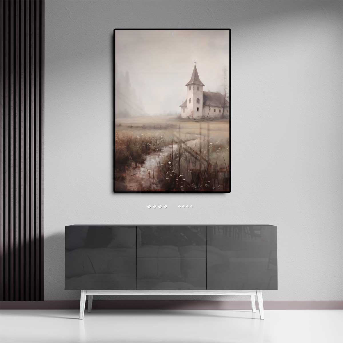 Mystieke Morgen aan de Kapel Kunstwerk-canvas-dibond-plexiglas-wanddecoratie-WallArtistic