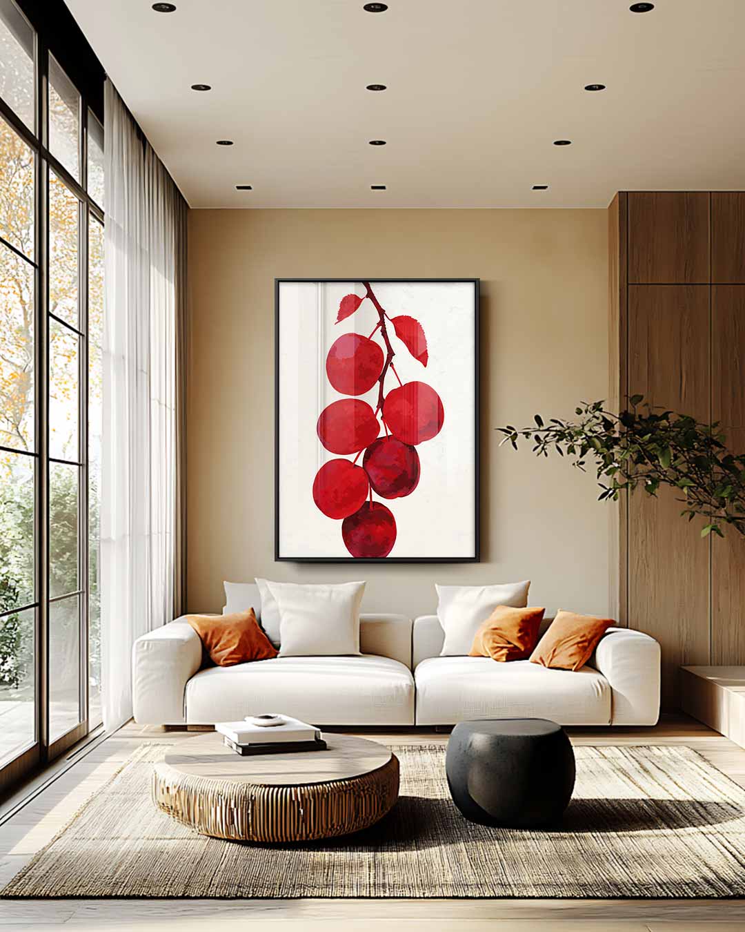 Rode Vruchten aan Tak Kunstwerk-canvas-dibond-plexiglas-wanddecoratie-WallArtistic