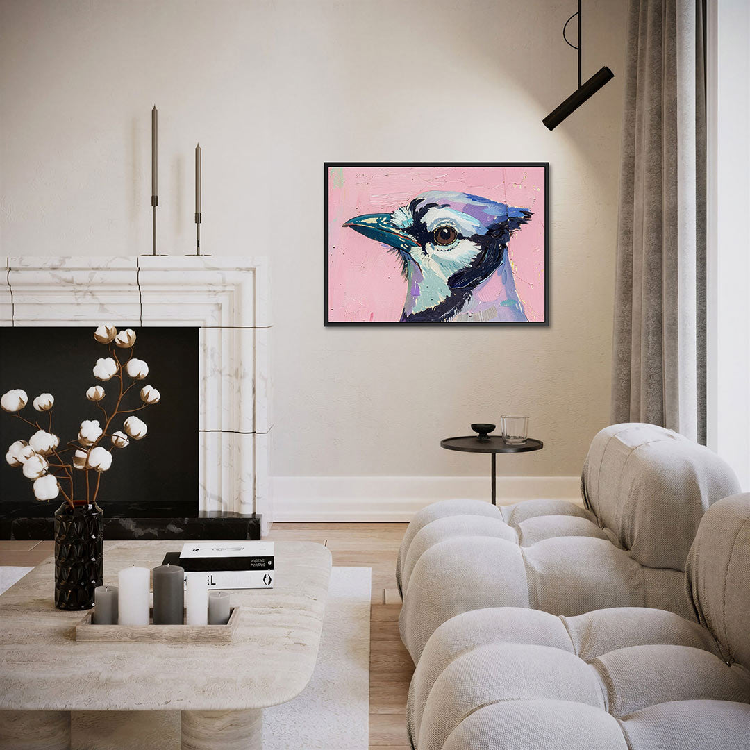 Vogelhoofd op roze Kunstwerk