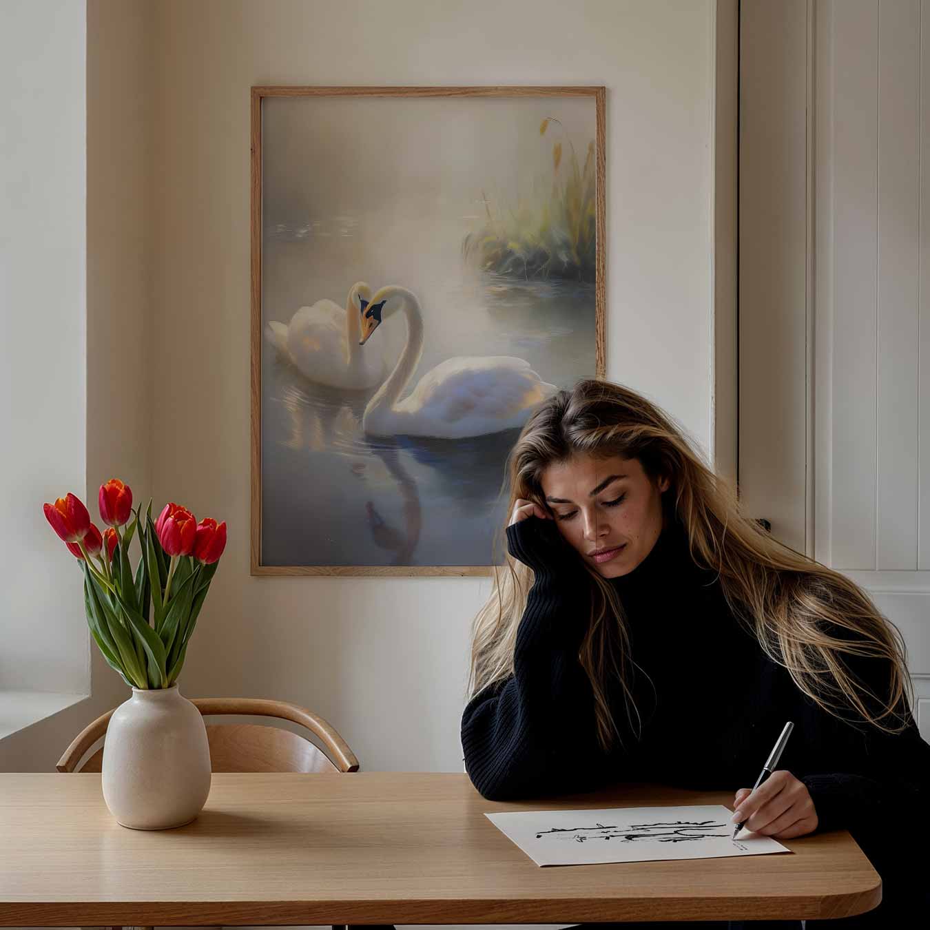 Romantische Zwanen in de Ochtendmist Poster-WallArtistic