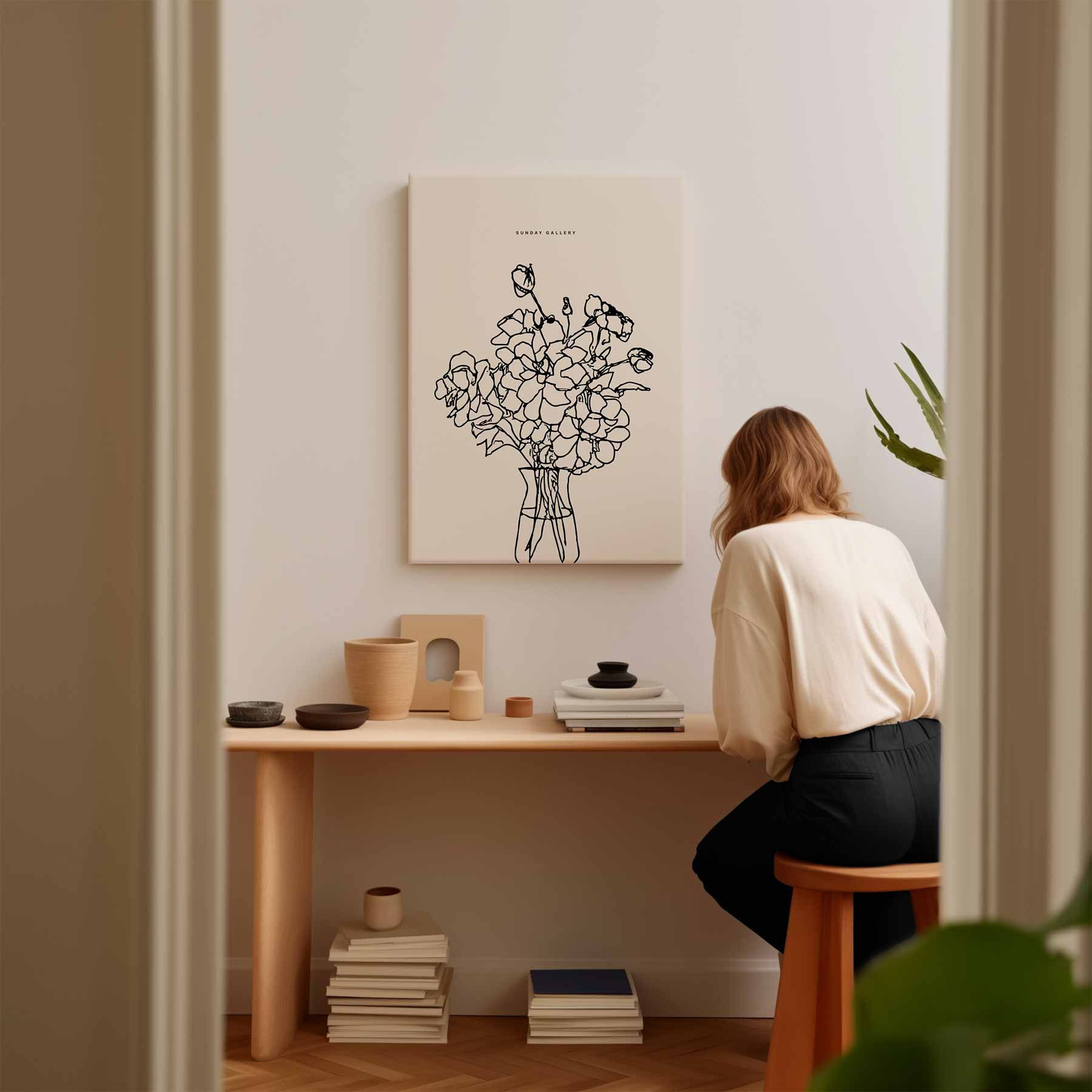 Bloemen in Lijntekening Kunstwerk-canvas-dibond-plexiglas-wanddecoratie-WallArtistic
