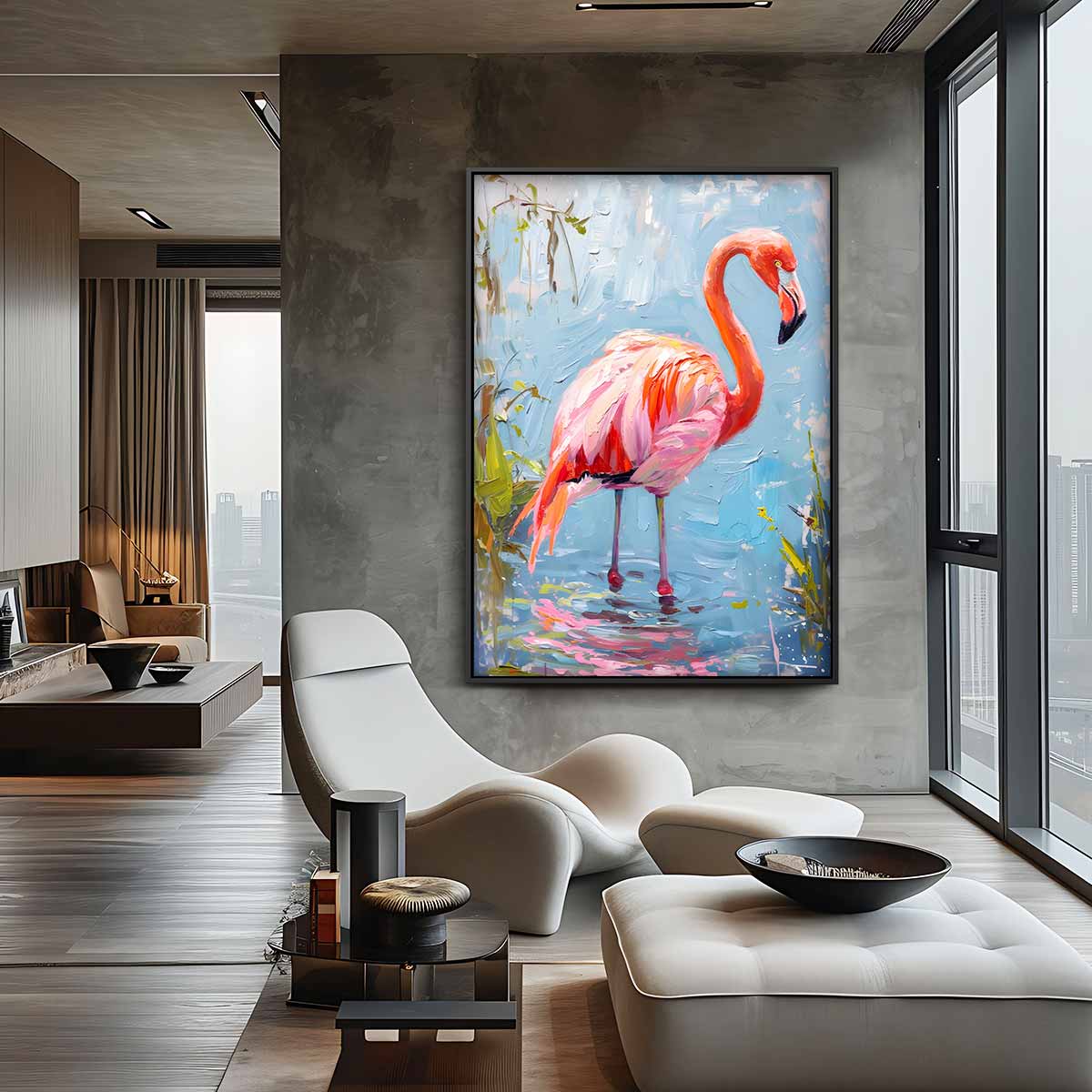 Flamingo op Blauw Canvas Kunstwerk-canvas-dibond-plexiglas-wanddecoratie-WallArtistic