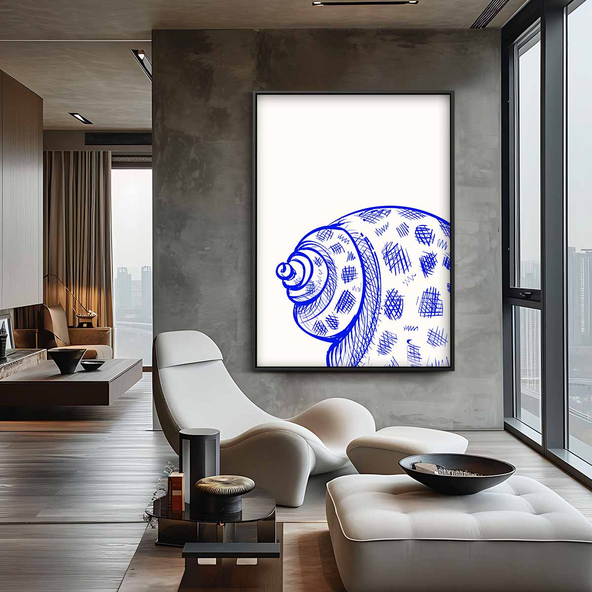 Blauwe Schelp Schets Kunstwerk-canvas-dibond-plexiglas-wanddecoratie-WallArtistic