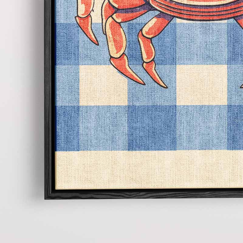 Vrolijke Krab op Blauw-Wit Patroon Kunstwerk-canvas-dibond-plexiglas-wanddecoratie-WallArtistic