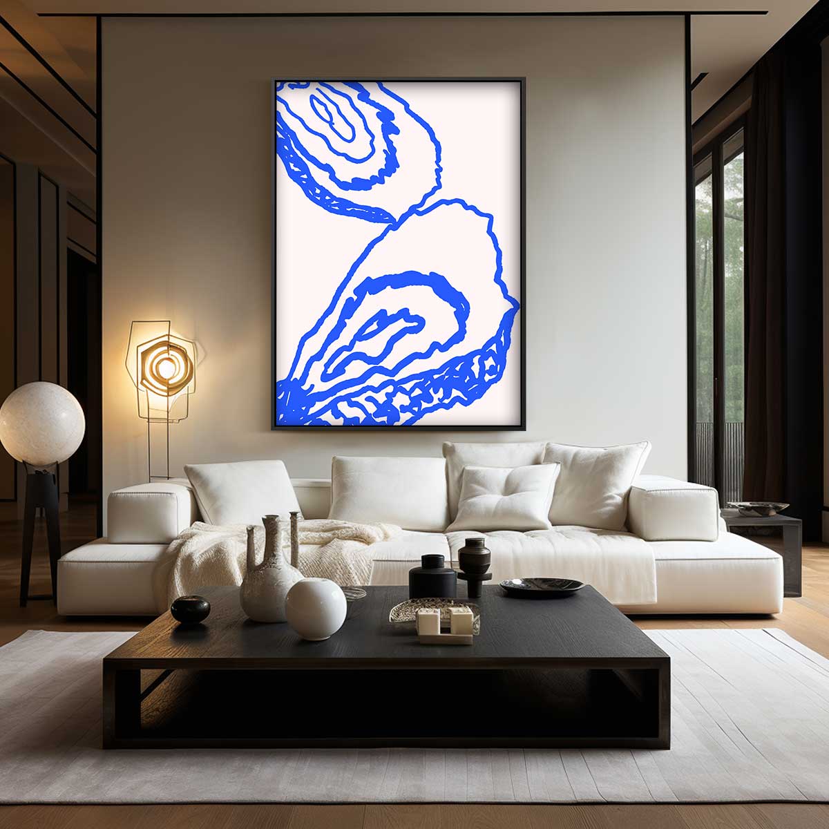 Abstracte Blauwe Contouren op Beige Kunstwerk-canvas-dibond-plexiglas-wanddecoratie-WallArtistic