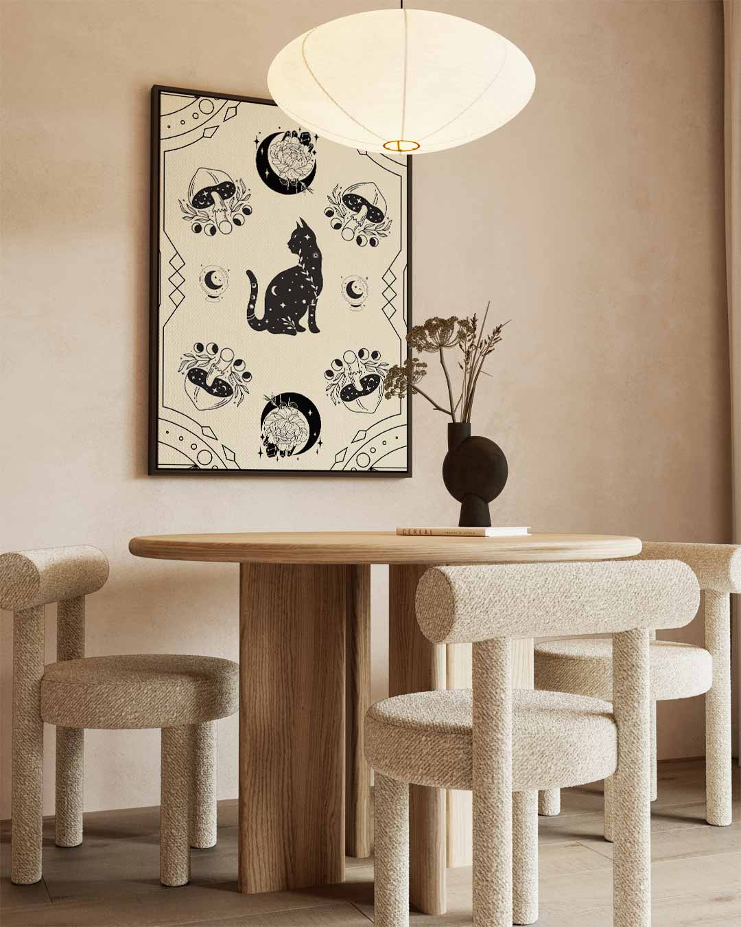 Mystieke Kat en Paddenstoelen Illustratie Kunstwerk-canvas-dibond-plexiglas-wanddecoratie-WallArtistic