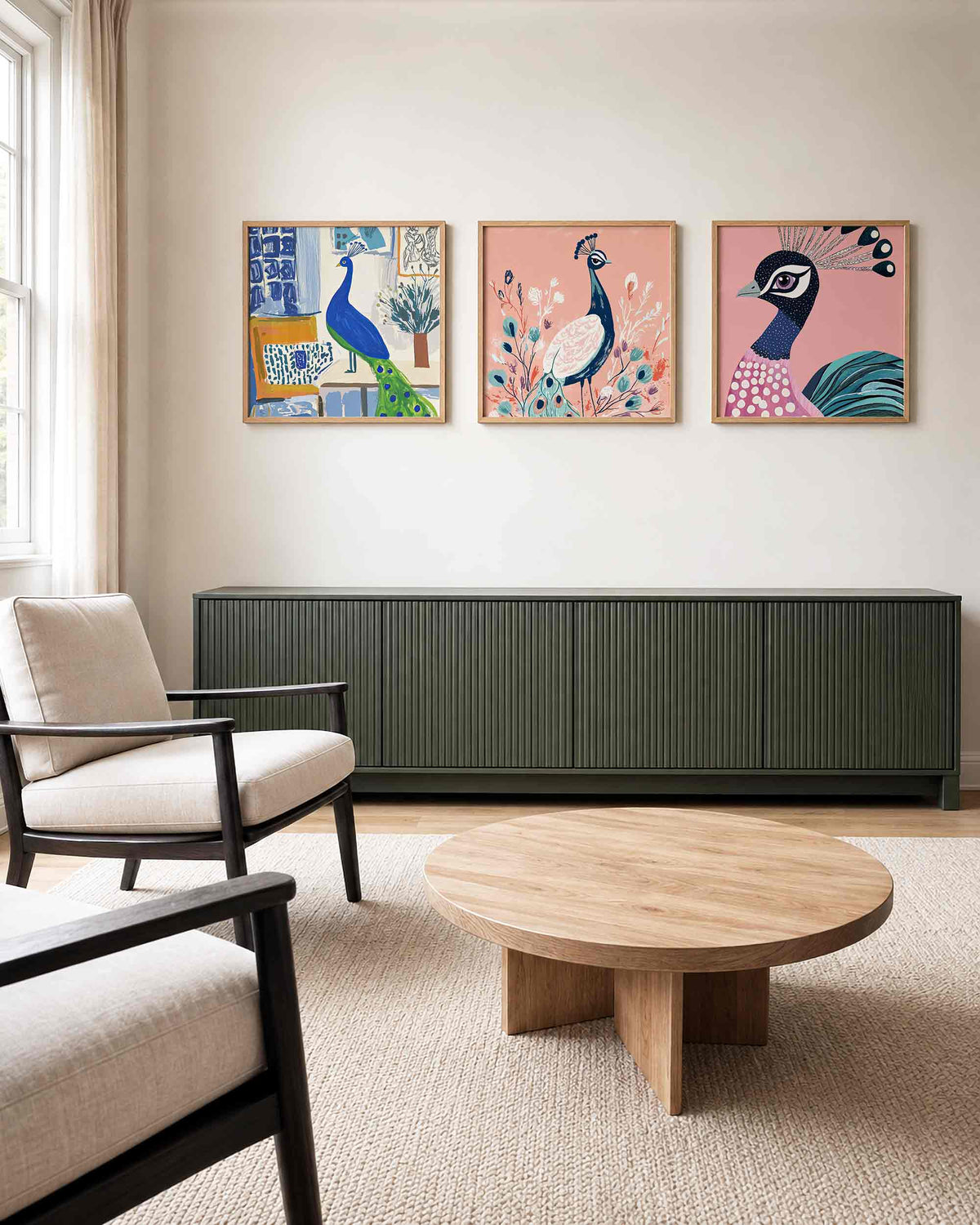 Interieurpresentatie van een driedelige vierkante posterset met pauw illustraties