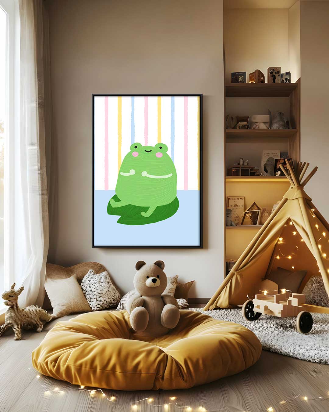 Vrolijke Kikker op Blad Kunstwerk-canvas-dibond-plexiglas-wanddecoratie-WallArtistic