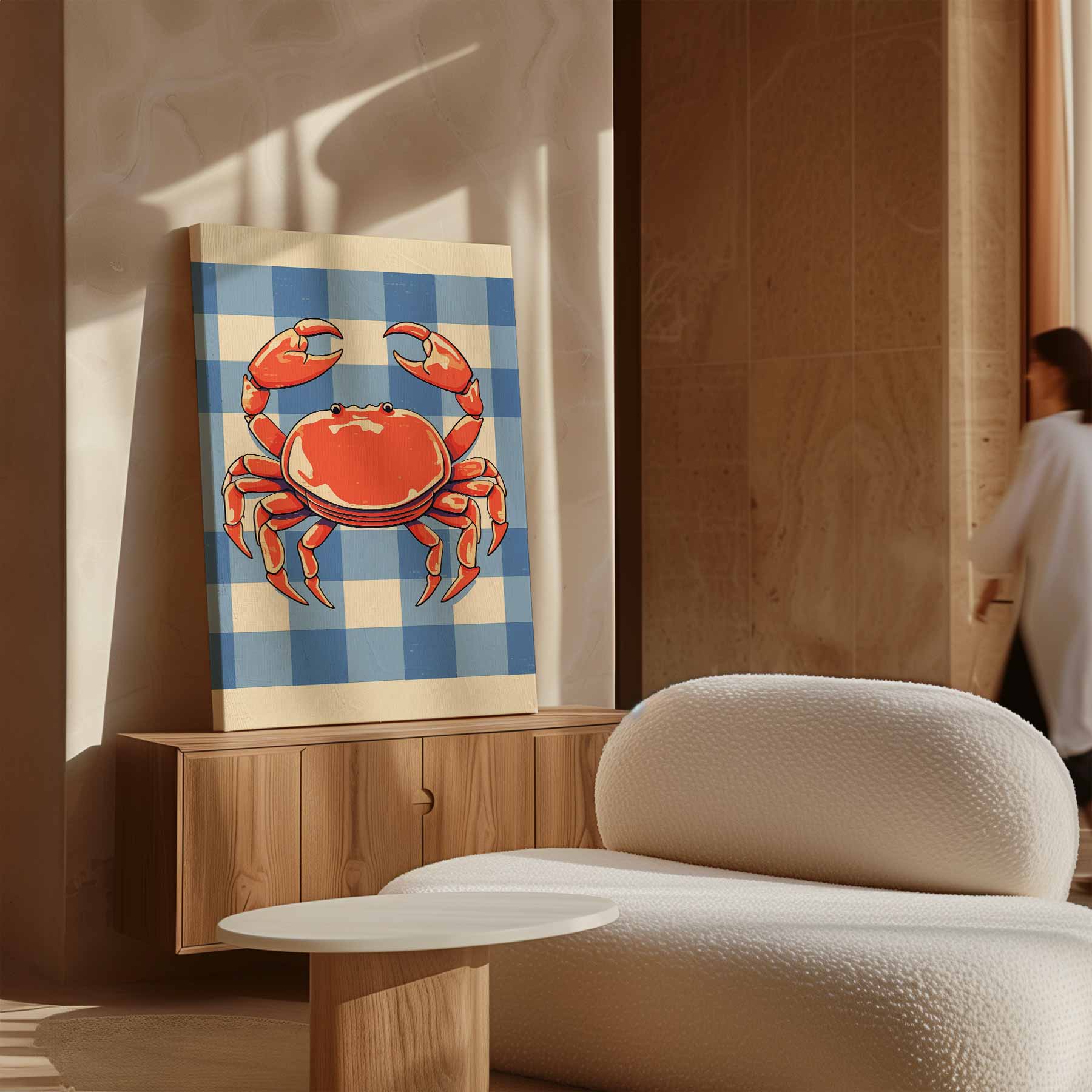Vrolijke Krab op Blauw-Wit Patroon Kunstwerk-canvas-dibond-plexiglas-wanddecoratie-WallArtistic