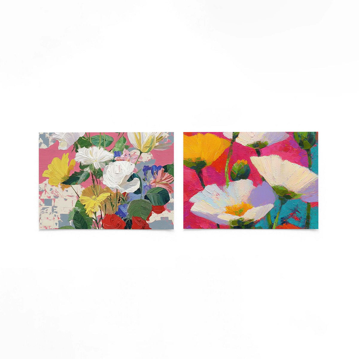 Twee liggende posters met een levendige verzameling bloemen op een gebroken witte achtergrond