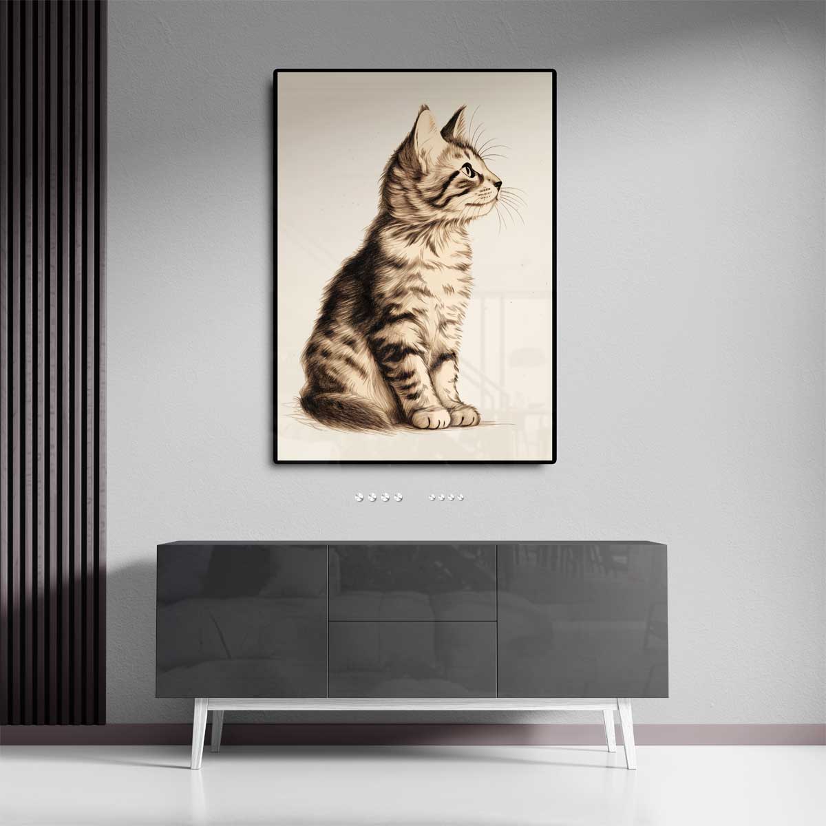 Dromerige Kat in Potlood Kunstwerk-canvas-dibond-plexiglas-wanddecoratie-WallArtistic