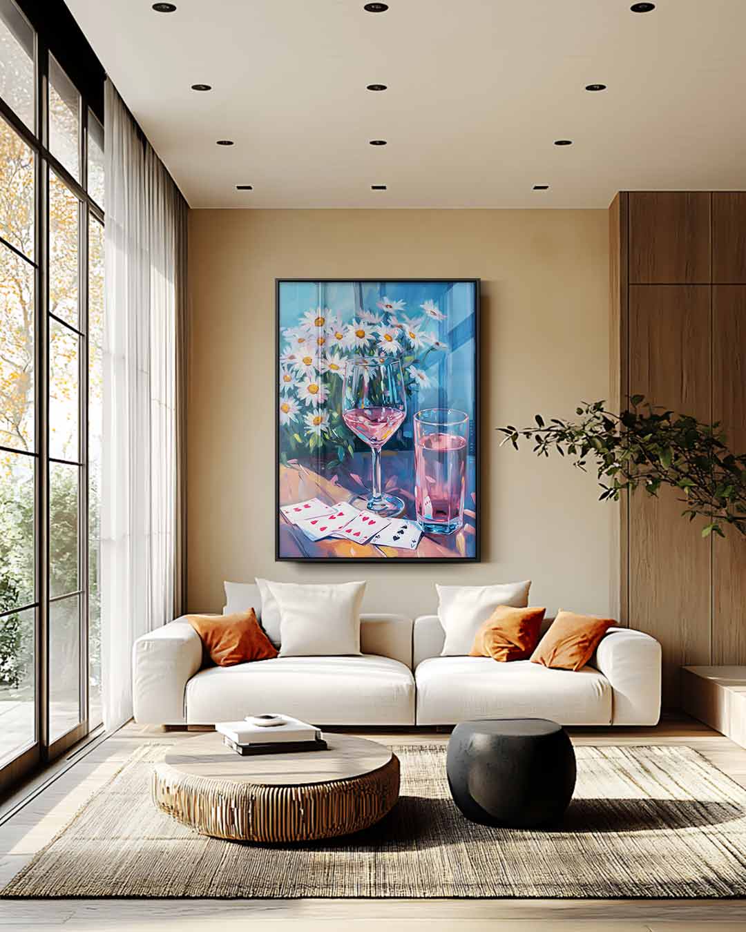 Zomerse Sferen met Glazen en Madeliefjes Kunstwerk-canvas-dibond-plexiglas-wanddecoratie-WallArtistic