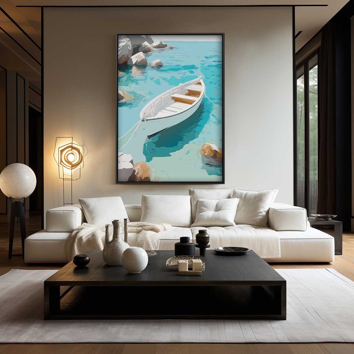 Rustgevend Bootje op Helder Blauw Water Kunstwerk-canvas-dibond-plexiglas-wanddecoratie-WallArtistic