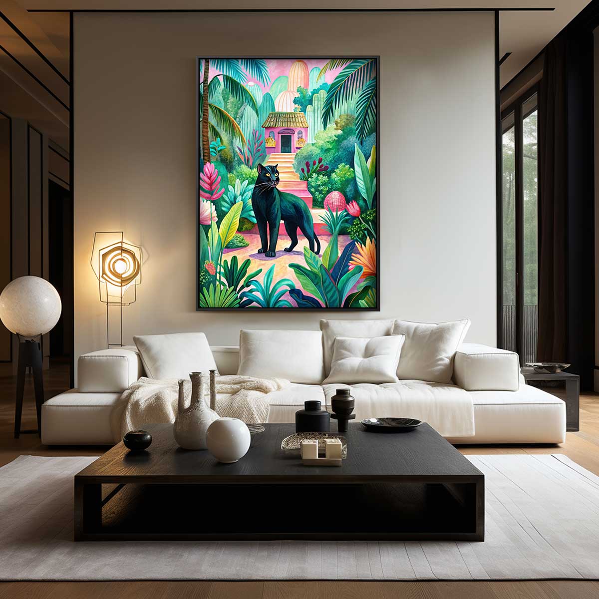 Tropische Paradijstuin met Zwarte Panter Kunstwerk-canvas-dibond-plexiglas-wanddecoratie-WallArtistic