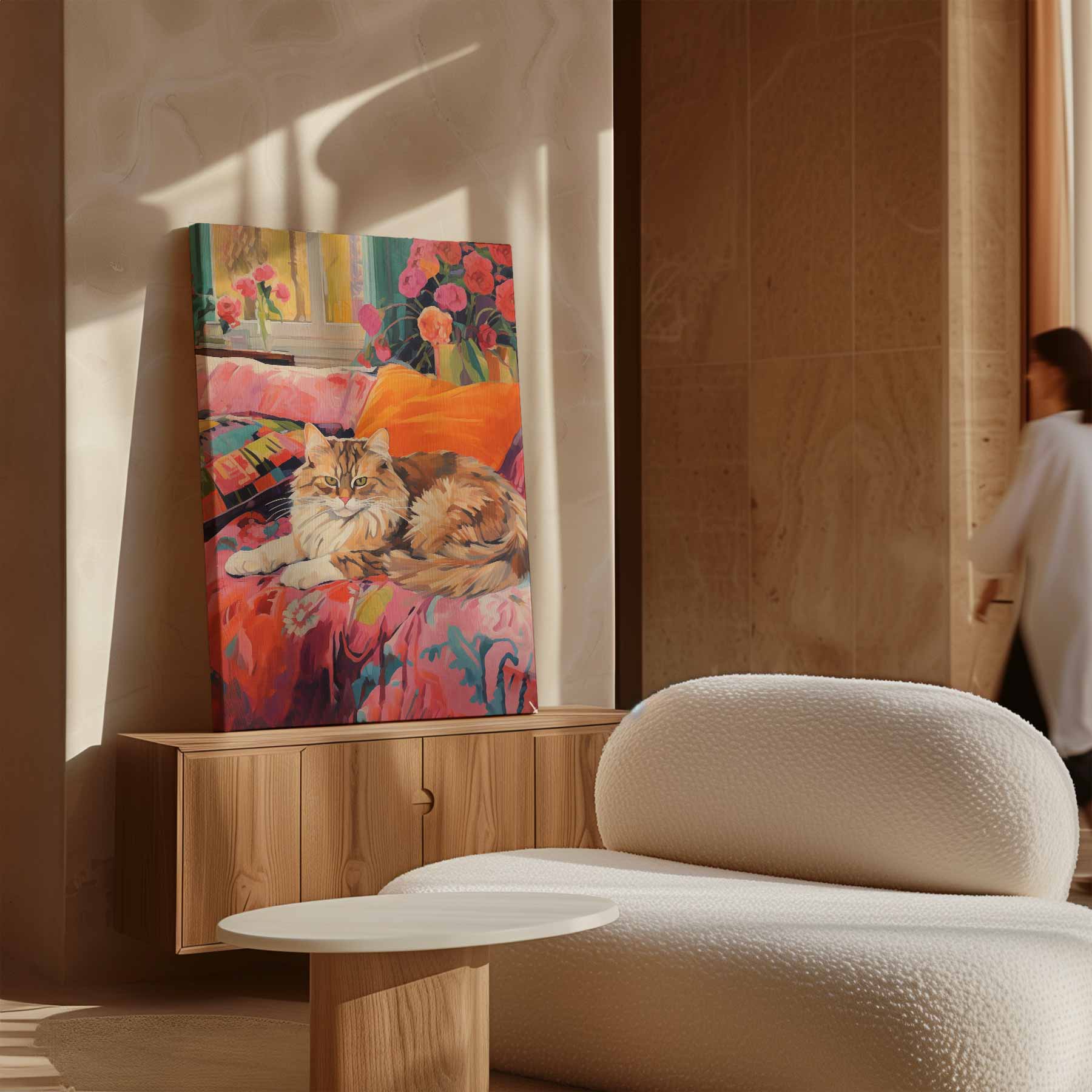 Kat op Bloemenbank Kunstwerk-canvas-dibond-plexiglas-wanddecoratie-WallArtistic