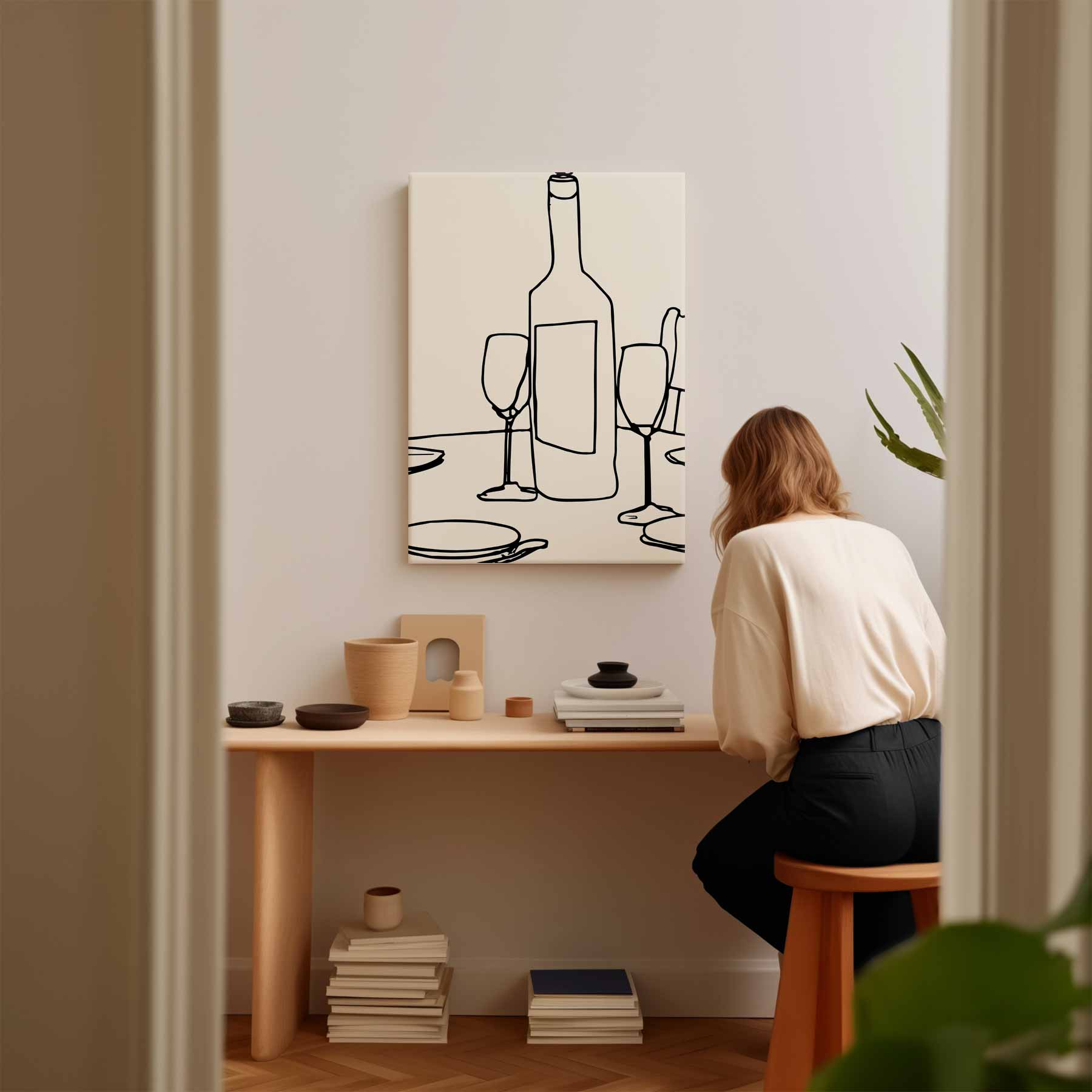 Minimalistisch Tafereel van Wijn en Glazen Kunstwerk-canvas-dibond-plexiglas-wanddecoratie-WallArtistic