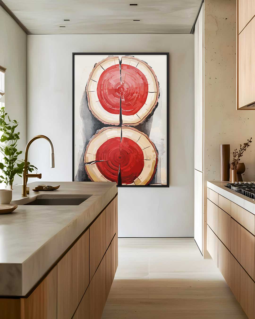 Houtschijven met Knallend Rood Kunstwerk-canvas-dibond-plexiglas-wanddecoratie-WallArtistic